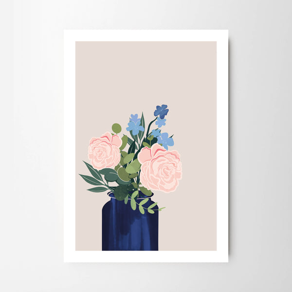 Pink Flower in Inky Indigo Navy Blue Vase - Tulip House Studio