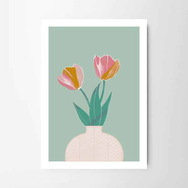 Pastel Spring Tulips in Geometric Patterned Vase - Tulip House Studio