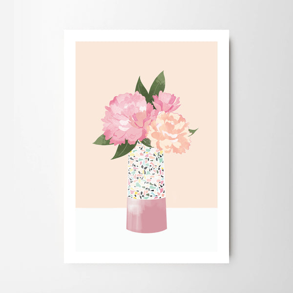 Pastel Pink Peony Flowers in Terrazzo Pattern Vase - Tulip House Studio